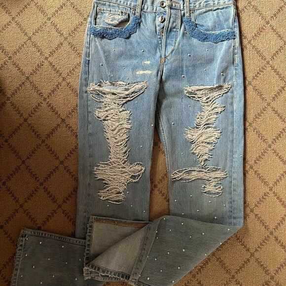 Jonathan Simkhai Embellished Pearl / Beaded distressed jeans NWOT 25 - Picture 2 of 12